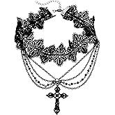 Gothic Cross Lace Choker Necklace Zinc Alloy Black Cross Pendant Layered Beads Necklace Halloween Punk Goth Jewelry Gift for Women