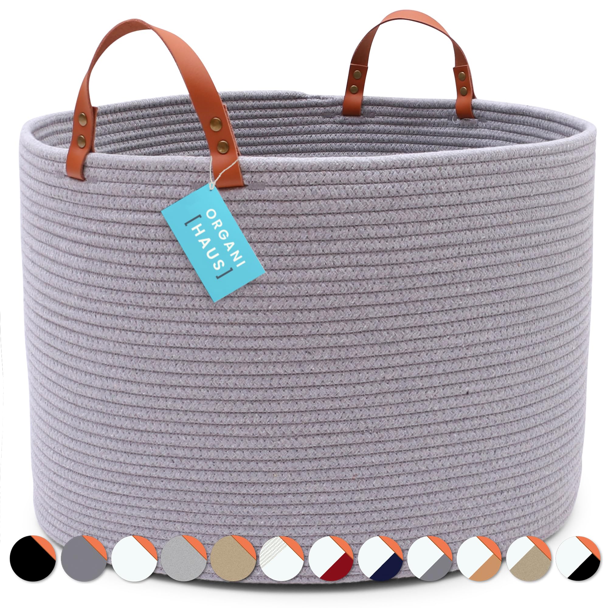 OrganiHaus Laundry Basket With Leather Handles, Extra Large Woven Cotton Rope Bin for Dirty Clothes, Pillows & Towels, Rope Blanket Basket, Dog Toy Storage Bin, Soft Laundry Hamper - 50x33cm, Grey