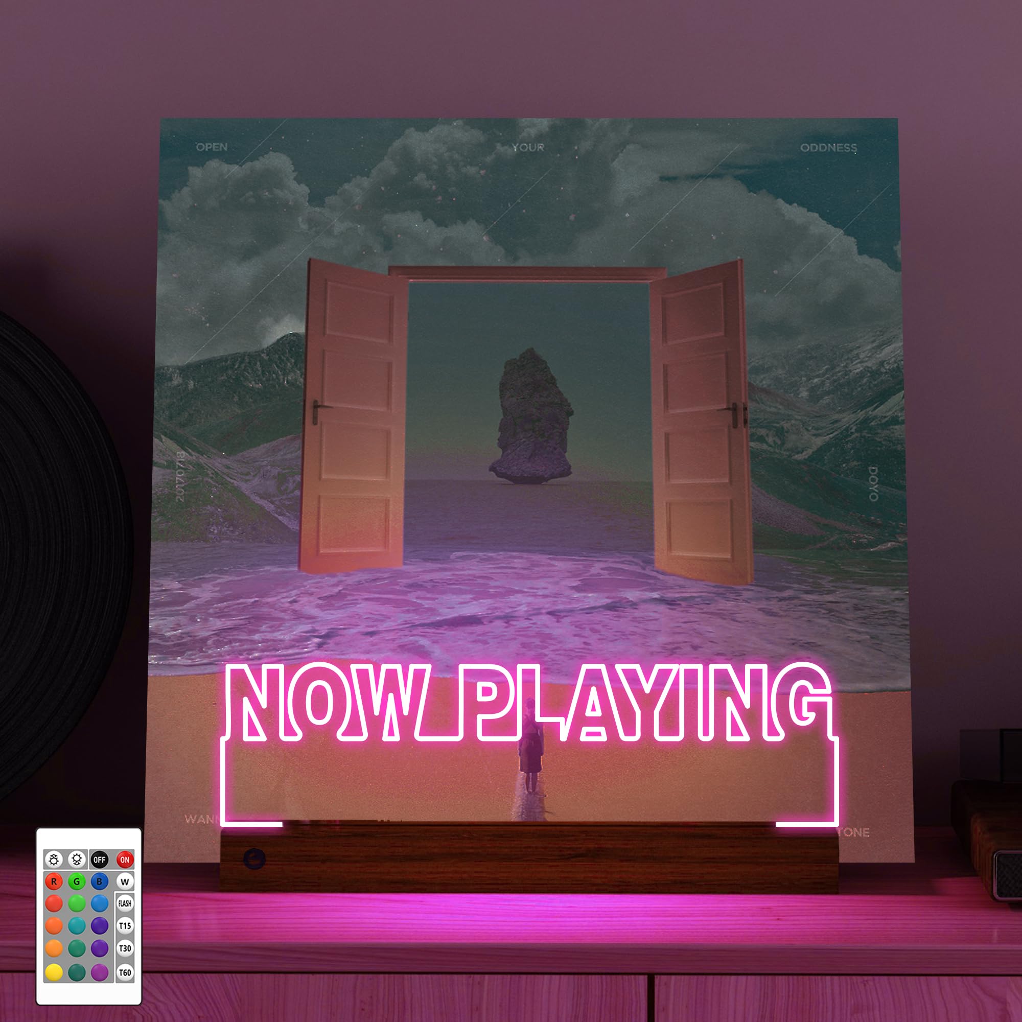 YuanDian Light up Now Playing Vinyl Record Stand, Now Spinning Record Player Stand, Wooden Acrylic Holder for Vinyl Album Display and Storage with 16 Changing Color Lights