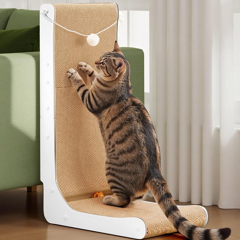 Arranhador para gatos em forma de L extra grosso, 68 cm, arranhador de cartão para gatos de interior, grande, branco
