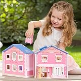 Giant bean Pink Wooden Dolls House with Dolls & Furniture, Foldable Portable view 3