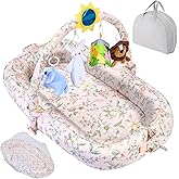 Portable Baby Lounger For Travel,Breathable & Comfortable 100% Cotton Infant Lounger, Baby Nest 0-24 months Machine-Washable Newborn Lounger,Newborn Essentials (Pink, Baby Lounger With Toys)