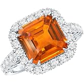 Silver 6.7 Carat Lab Grown Orange Sapphire Asscher Cut Engagement Ring | Certified | Big Engagement Ring with Halo | Vintage Style | AAAA Quality | with Jewelry Box | Gift for Christmas