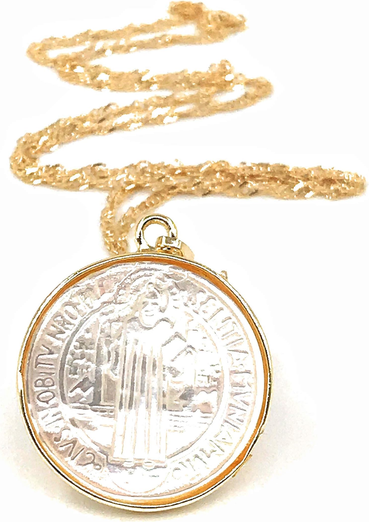 SIFRIMANIASIFRIMANIA Mother of Pearl Protector Saint Benedict Medal Necklace 18k Gold Plated Chain 17 Inches