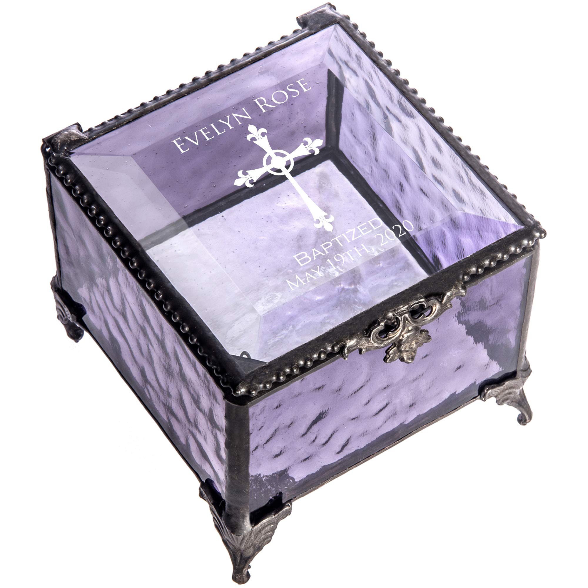 Baptism Gift for Girls Personalized Keepsake Box Purple Stained Glass Engraved Cross Jewelry J Devlin Box 836 EB222