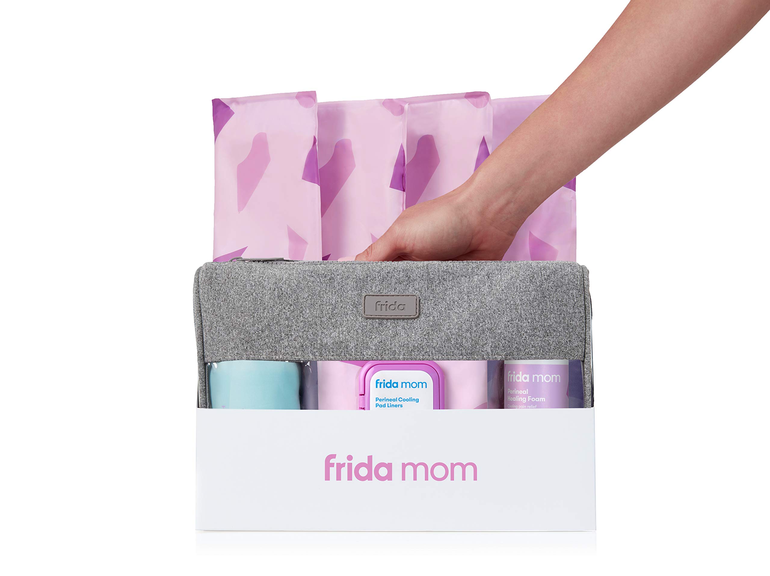 Frida Mom Hospital Packing Kit for Labor, Delivery, Postpartum | Nursing Gown, Socks, Peri Bottle, Disposable Underwear, Ice Maxi Pads, Pad Liners, Perineal Foam, Toiletry Bag (15 Piece Gift Set)