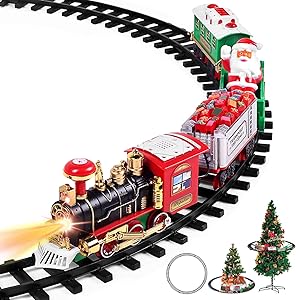 Christmas Train Set - Toy Train Set with Lights and Sounds, Round Railway Tracks for Under/Around The Christmas Tree, Best Gifts for 3 4 5 6 7 8+ Year Old Kids Boys Girls
