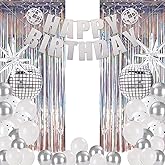 55Pcs Disco Party Decorations Streamers Balloons Banners 60s 70s 80s Disco Birthday Party Decorations 3.3x6.6 Ft Silver Tinsel Foil Fringe Curtains Photo Backdrop for Disco Party Supplies