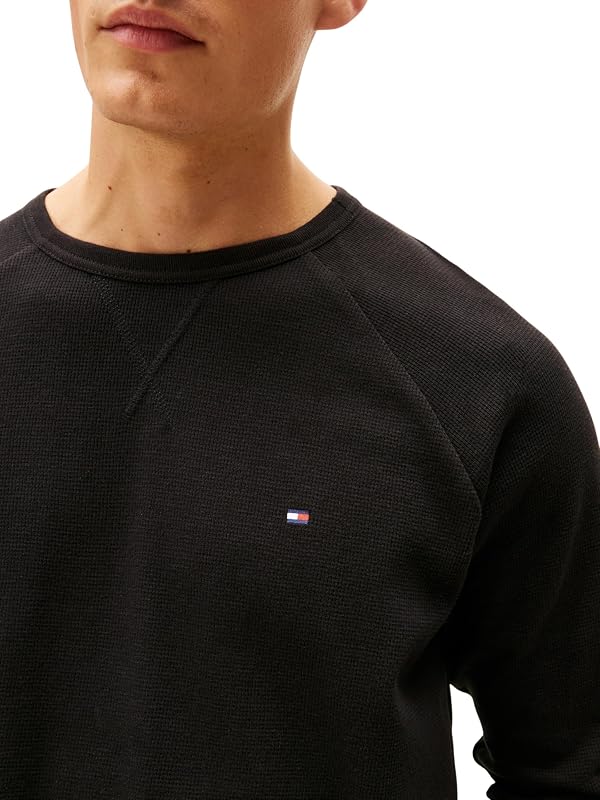 T-Shirt Manches Longues Homme Waffle avec Col Ras-du-Cou, Noir (Black), S — photo 3 sur 5