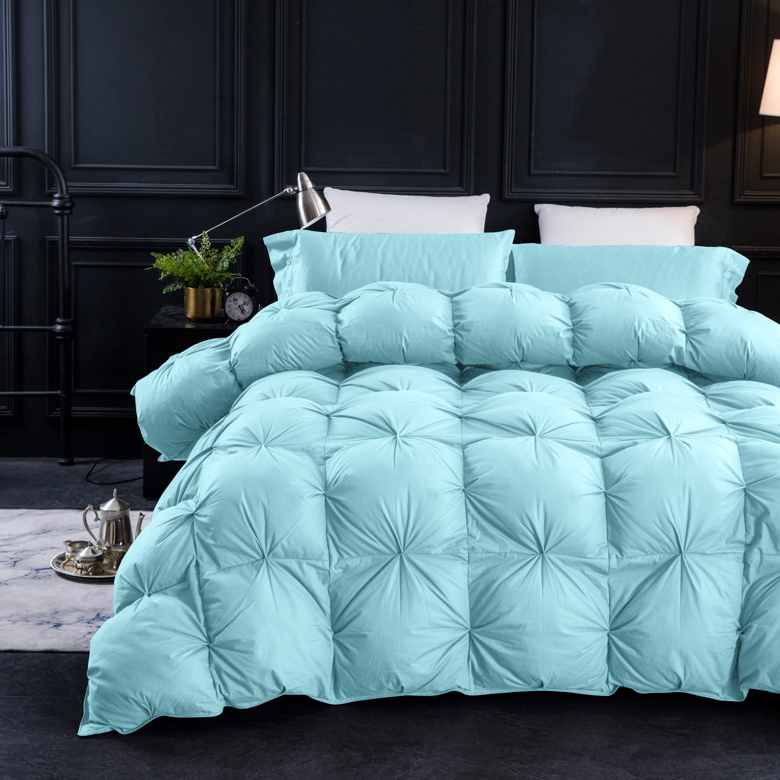 Photo 1 of Three Geese Pinch Pleat Waterfowl Feathers and Down Comforter Twin Size Duvet Insert,750+ Fill Power,1200TC 100% Cotton, Premium All Seasons Aqua-Sky Warm Hotel Comforter with 8 Tabs.