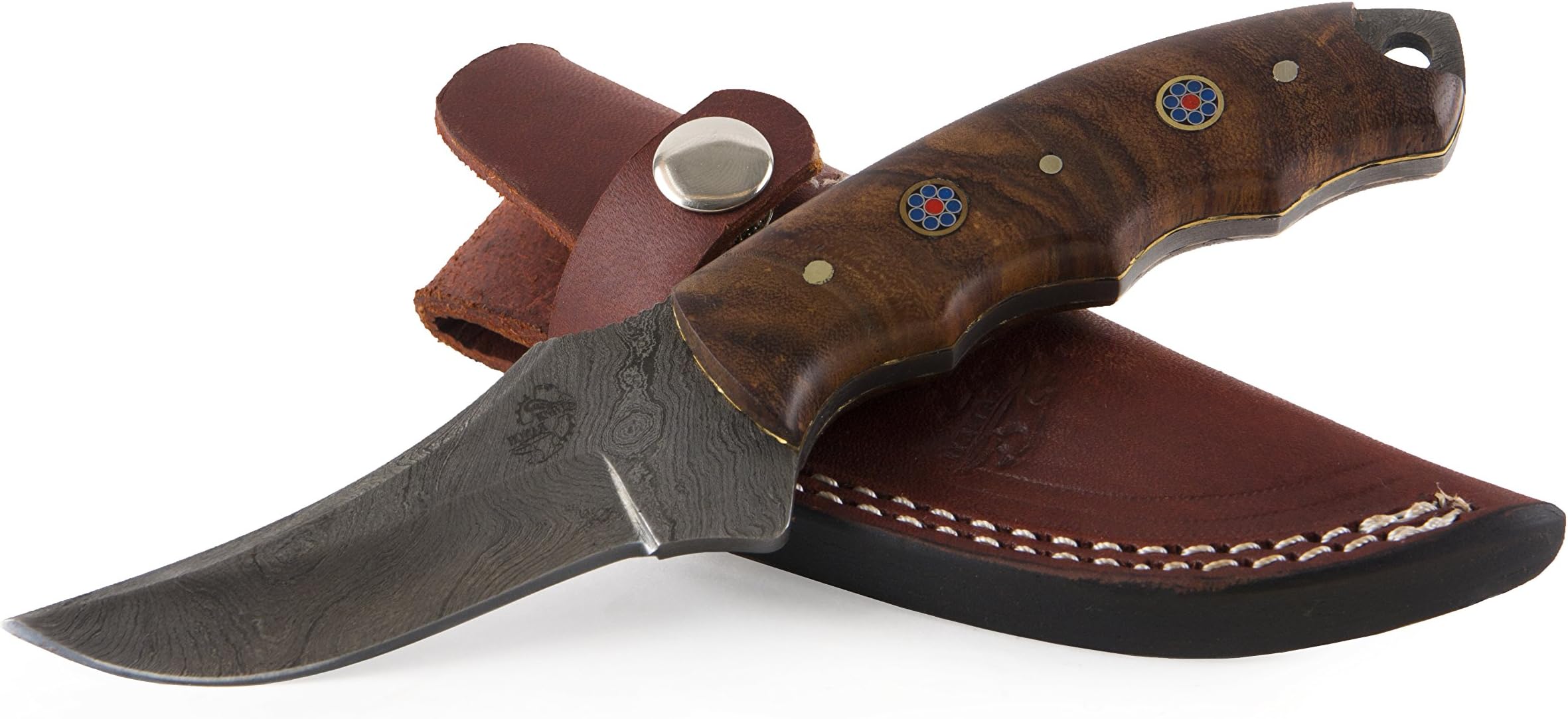 Knives Ranch Damascus Steel Knives 7.5" Fixed Blade Knife - Indian Rosewood Handle with Mosaic Pins & Brass Liner Includes: Leather Vertical Belt Loop Sheath