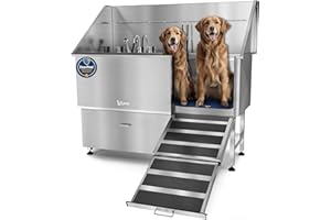 KANIS Professional Dog Washing Station - 304 Stainless Steel Pet Wash Sink & Grooming Bathtub w/Shower, Floor Grates and Storage for Large, Medium & Small Pets (61", 1 Drawer - Right Ramp)