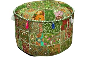 The Harry Creations Decorative Patchwork Comfortable Indian Ottoman Ethnic Cotton Cushion Designs Floor Embroidered Pouf Cover (Emerald, 18"x13")