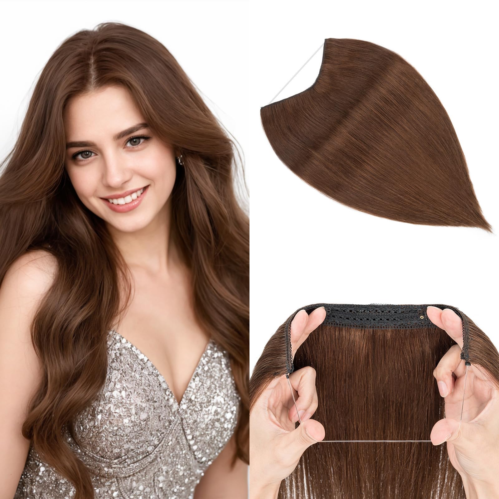 Photo 1 of Halo Hair Extensions Real Human Hair, MY-LADY Adjustable Halo Extensions Real Human Hair, 18 inch Medium Brown Women's Long Straight Hair Invisible Wire Hair Extensions