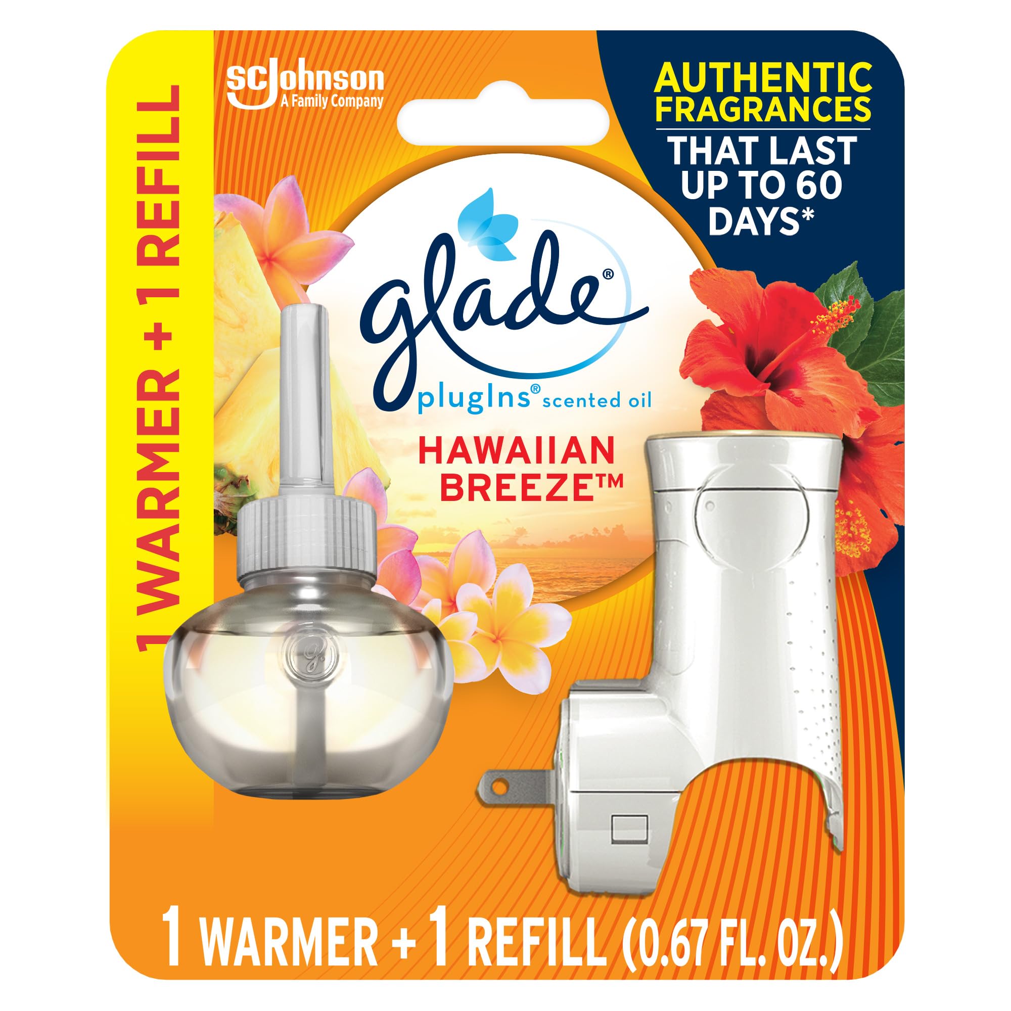 Photo 1 of Glade PlugIns Refills Air Freshener Starter Kit, Hawaiian Breeze, Scented and Essential Oils for Home and Bathroom, 0.67 Fl Oz, 1 Warmer + 1 Refill
