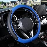 SEG Direct D Shaped Steering Wheel Cover for 14.5-15 inch Flat Bottom Wheels, Breathable Perforated Microfiber Leather, Anti-Slip Grip, Universal Fit for Cars & SUVs, Black and Blue