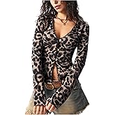 OYOANGLE Women's Plus Size Leopard Print Tops Y2K Button Up V Neck Long Sleeve Ribbed Tops