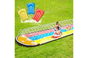 jooeer Triple Lane Slip Slides, 16 Feet Slip and Slide with 3 Body Boards for Outside Garden Backyard, Outdoor Summer Water Lawn Slides Toys Games with Sprinklers