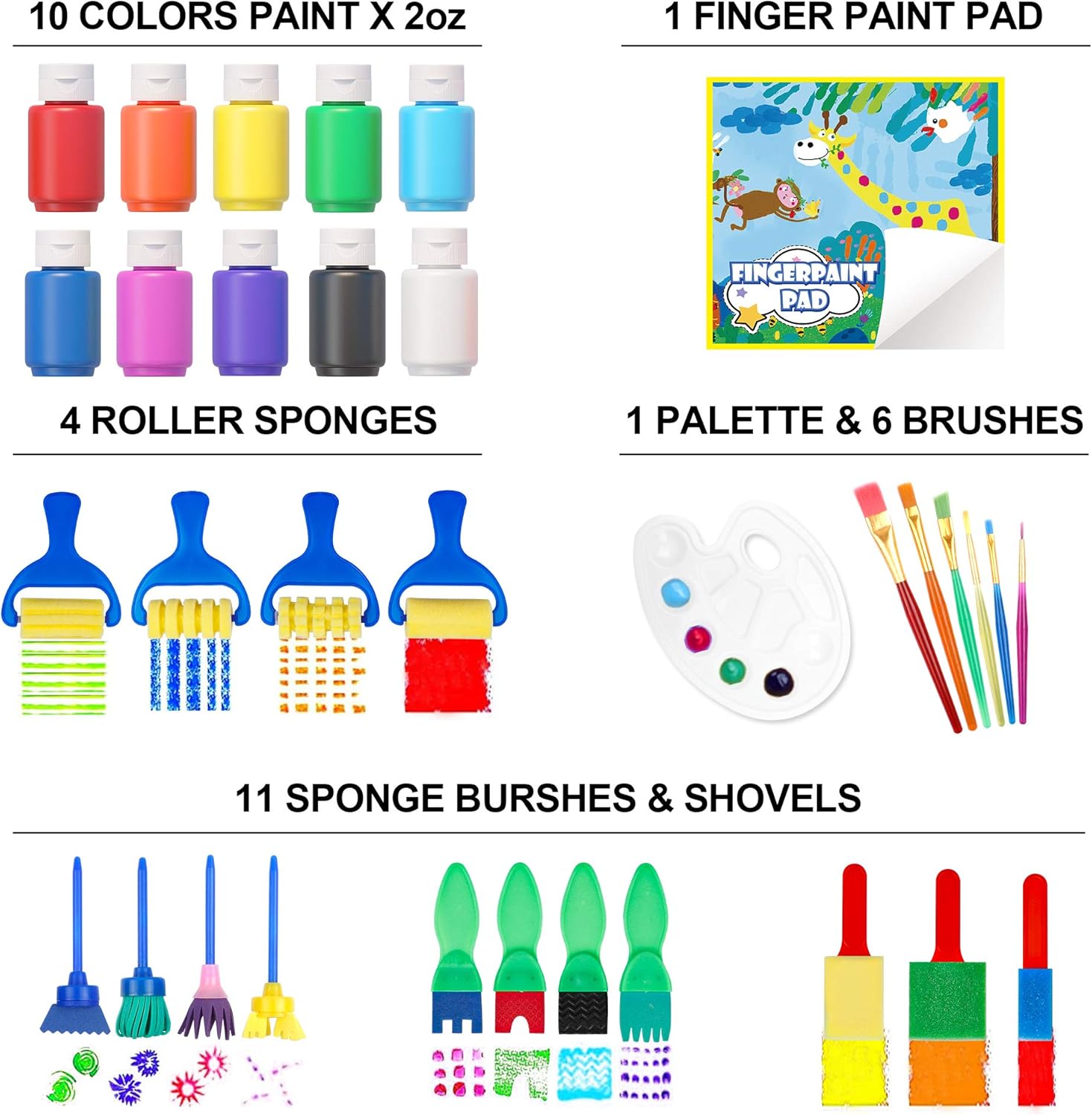 Washable Finger Paint Set, Shuttle Art 33 Pack Kids Paint Set with 10 Colors (60ml) Finger Paints Brushes, Finger Paint Pad SpongeBrushes Palette, Non Toxic for Toddlers Home Activity Early Education: Home Improvement