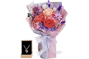 ESLIBIN Preserved Fresh Purple Rose Flowers Bouquet - with Necklace 100 languages love Mother's Day Gift, Real Flowers Arrangement for Delivery Prime, Gift for Her: Birthday Christmas Valentine's Day