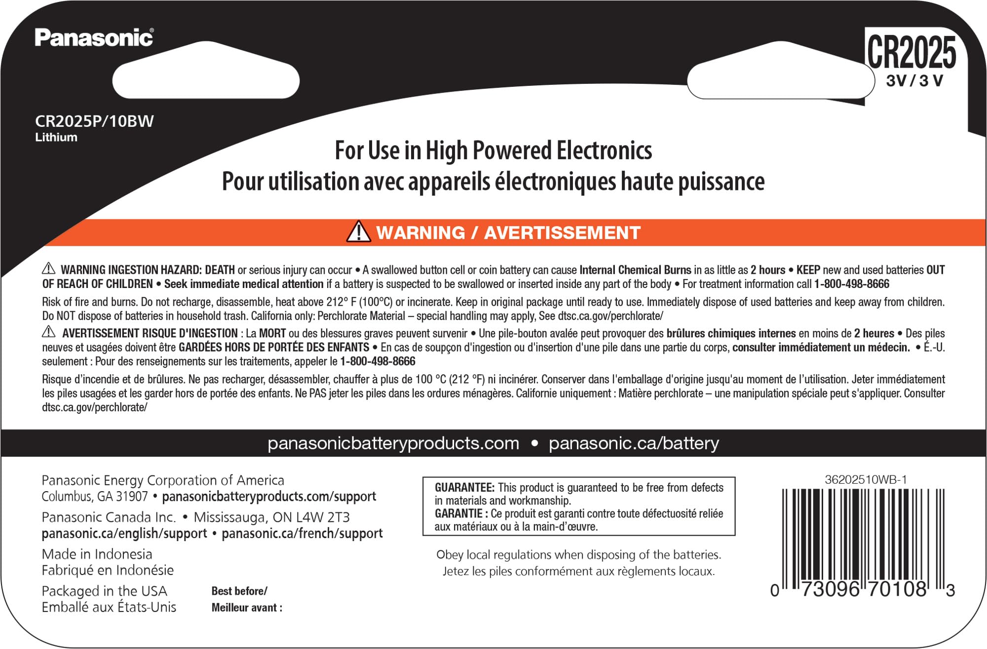 Panasonic Panasonic CR2025 3.0 Volt Long Lasting Lithium Coin Cell Batteries in Child Resistant, Standards Based Packaging, 10 Count(Pack of 1)