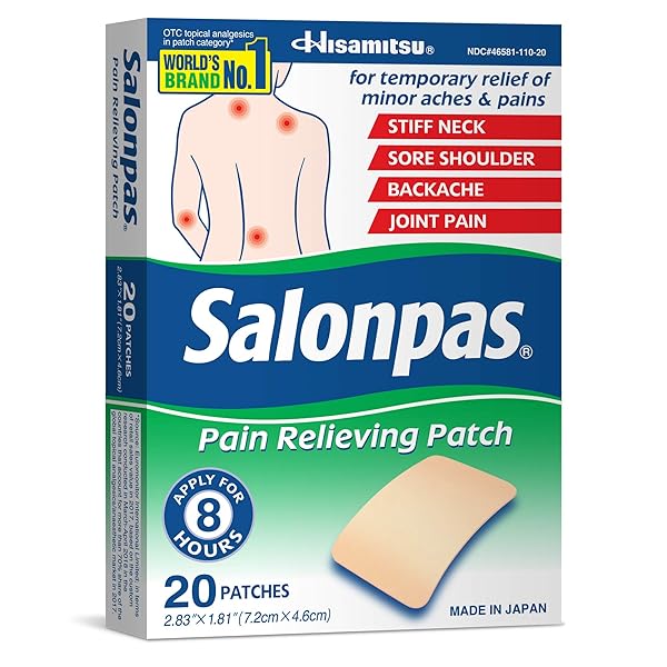 SALONPAS PAIN RELIEVING PATCH, 20 COUNT, FOR BACK, NECK, SHOULDER, KNEE PAIN AND MUSCLE SORENESS, 8 HOUR PAIN RELIEF