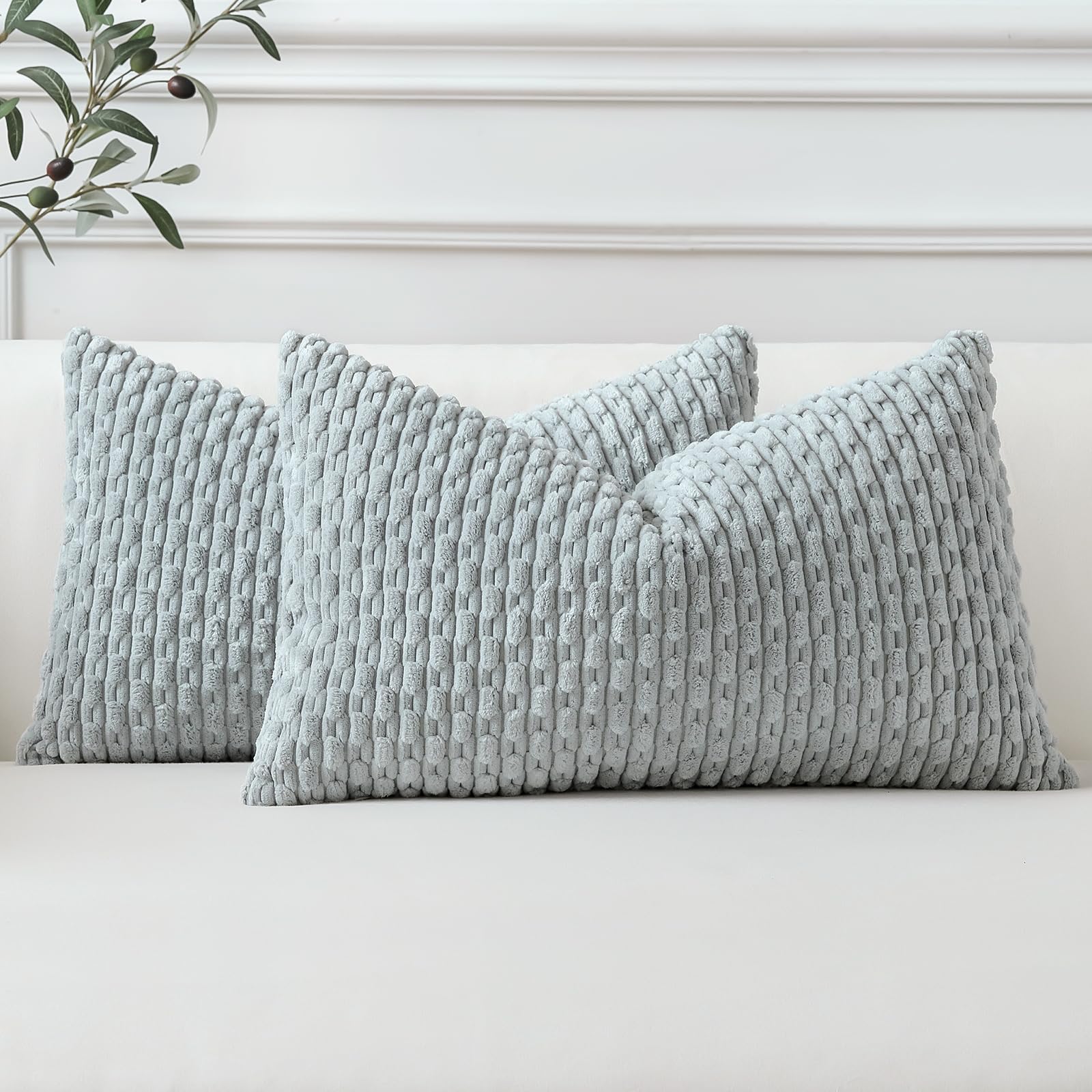 Sungeek Set of 2 Light Grey Soft Corduroy Decorative Cushion Covers Boho Striped Throw Pillow Covers for Sofa Couch Living Room Patio Farmhouse Home Decor Pillowcases 30x50cm