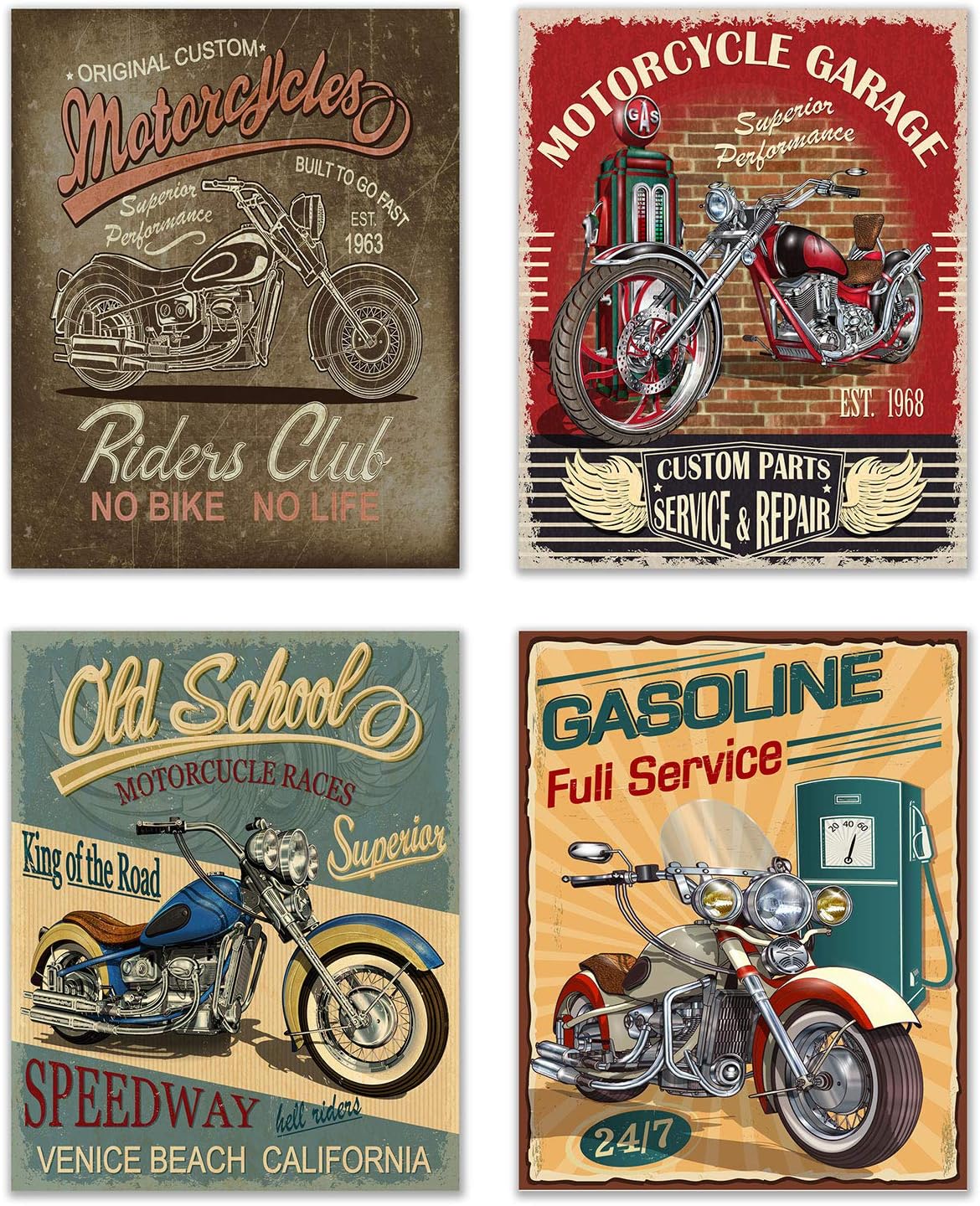 Infinity Creations Vintage Motorcyles Garage Photo Prints. Set of 4 (8"x10" unframed) Photo Poster Prints Wall Decor