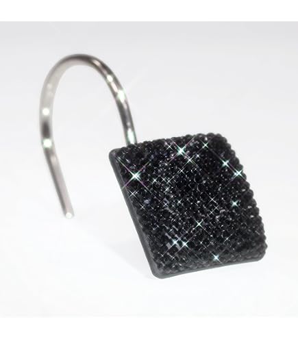12-Pack Luxury Diamond Shower Curtain Hooks - Metal Decorative Rings With Zircon & Bow Design, Black