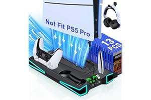 LIFUFUTEE PS5 Stand, PS5/PS5 Slim Cooling Station with 3-Level Cooling Fan, Controller Charger Station for PS5 Accessories, Light, Headset Holder, 3 Charger Ports for PlayStation 5 Slim Console, Black
