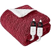 Easthome Electric Heated Blanket Queen Size Dual Control - Jacquard Shaggy Sherpa 84"x90" Fast Heating Bed Blankets with 6 Heating Levels & 10 Hours Auto Off, Over-Heat Protection ETL, Red