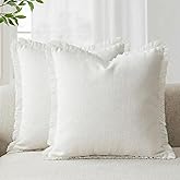 AVOIN colorlife Decorative Linen Fringe Throw Pillow Covers Set of 2, 18 x 18 Inch White Cozy Boho Farmhouse Cushion Case with Tassels Soft Accent Decoration for Bedroom Home Sofa Couch