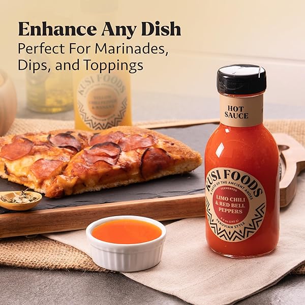KUSI FOODS ANDEAN HEAT PERUVIAN HOT SAUCE, MADE WITH LIMO CHILI, RED BELL PEPPERS, VINEGAR AND SALT, CITRUSY, SPICY & SLIGHTLY SWEET, FERMENTED 50 DAYS, 8.5 OZ