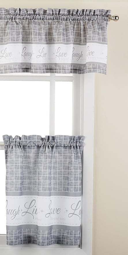 Achim Home Furnishings Imports Live, Love, Laugh Window Curtain Tier Pair and Valance Set, 58 x 24, Grey
