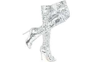 CAMSSOO Thigh High Boots Women's Sequins Over The Knee Boots Fashion Sexy High Heels Sparkle Thigh High Boots Open Toe Party Dance Stiletto Knee High Boots
