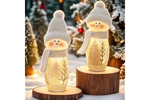 Lewondr 2 Pack Christmas Snowmen Decor, 9.45" Light up Snowman Figurines, Glass Snowman Table Decor Wearing Knitted Scarfs & 