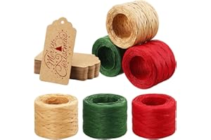 SHAPPY 3 Rolls 492 Feet Raffia Paper Ribbon for Gift Wrapping Raffia Twine with 50 Pieces Kraft Paper Tags for Halloween Christmas Craft DIY Wrapping(Red, Green, Natural)
