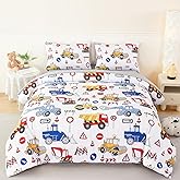 YOU SA Twin Size Comforter Bed Set for Boys 5 Pieces Construction Excavator Bedding Comforter Set Equipment Trucks Car Bed in a Bag with Sheet, White Grey