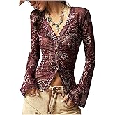RoseSeek Women's Boho Paisley Button Down T Shirt V Neck Vintage Y2K Long Sleeve Fitted Fall Tee Tops