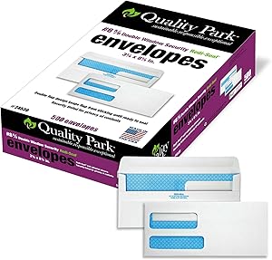 Quality Park #8-5/8 Double Window Security Tinted Check Envelopes with a Self Seal Closure, 24 lb White Wove, 3-5/8 x 8-5/8. 500 per Box (24539)