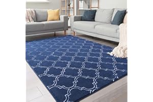 Chicrug Shag Geometric Modern Area Rug for Bedroom, 3x5 Feet Memory Foam Indoor Carpet, Fluffy Rug for Living Room Bedside Room Decor for Family Girls Kids Nursery Play Mat, Navy/White