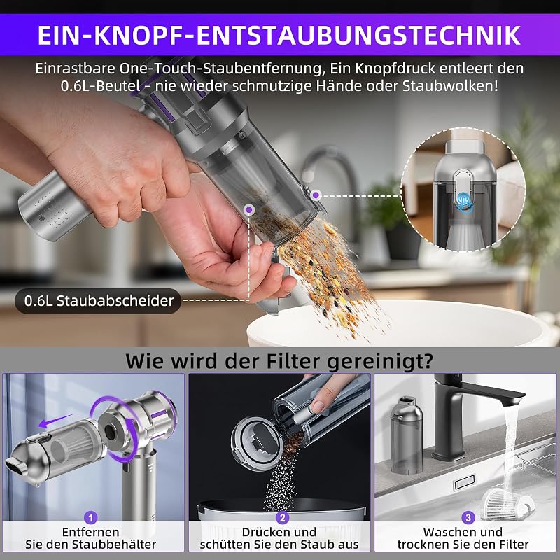 Handstaubsauger, 25000Pa Handstaubsauger Akku Kabellos mit 1-Knopf-Selbstentleerung, 4-in-1 Autostaubsauger Stark mit Bürstenlosem Motor, 3 Stufen Mini Staubsauger, Ideal für Tierhaare, Auto, Haushalt — Foto 3 von 7