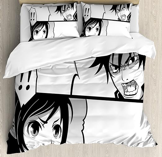 Amazon Com Ambesonne Anime Duvet Cover Set Japanese Comics Strip With Boy And Girl Fight Scene Manga Image Cartoon Print Decorative 3 Piece Bedding Set With 2 Pillow Shams King Size White Black