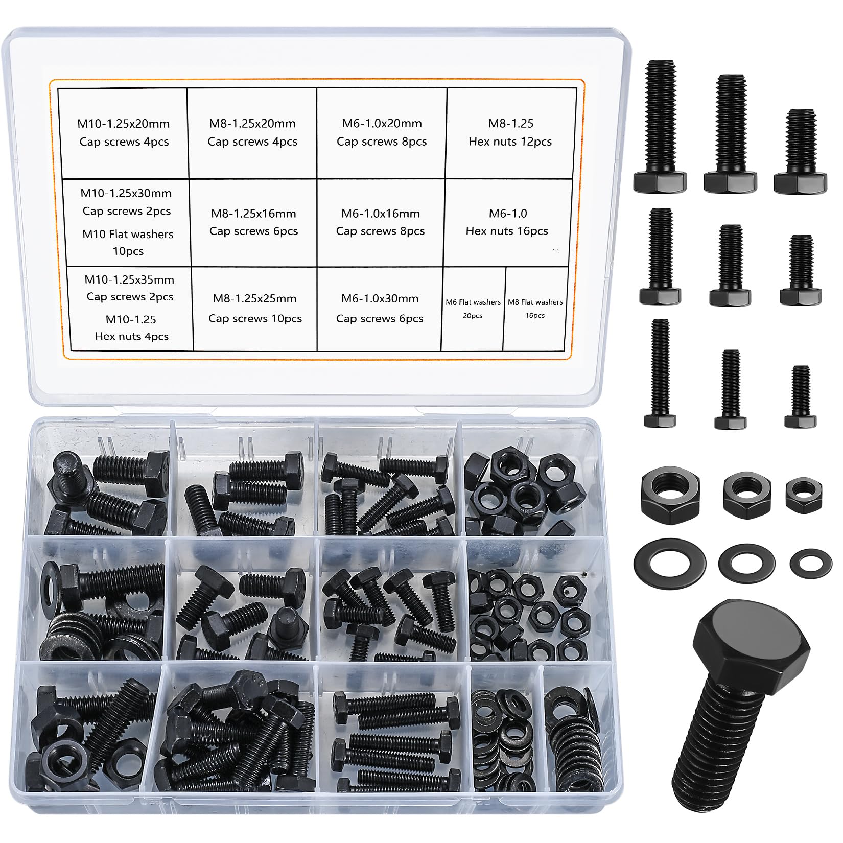 128 Pcs Flat Hex Bolt, Hex Nut & Washer Assortment Set, Durable Metric Sizes, M6 M8 M10. (128 black)