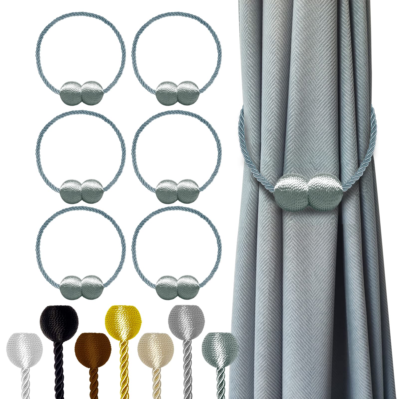 Photo 1 of Hion Magnetic Curtain Tiebacks Gray Blue 6 Pack, Curtain Tiebacks Buckles Holdbacks Holders Hooks Clip for Home Bedroom Office Decorative Thick or Thin Curtain