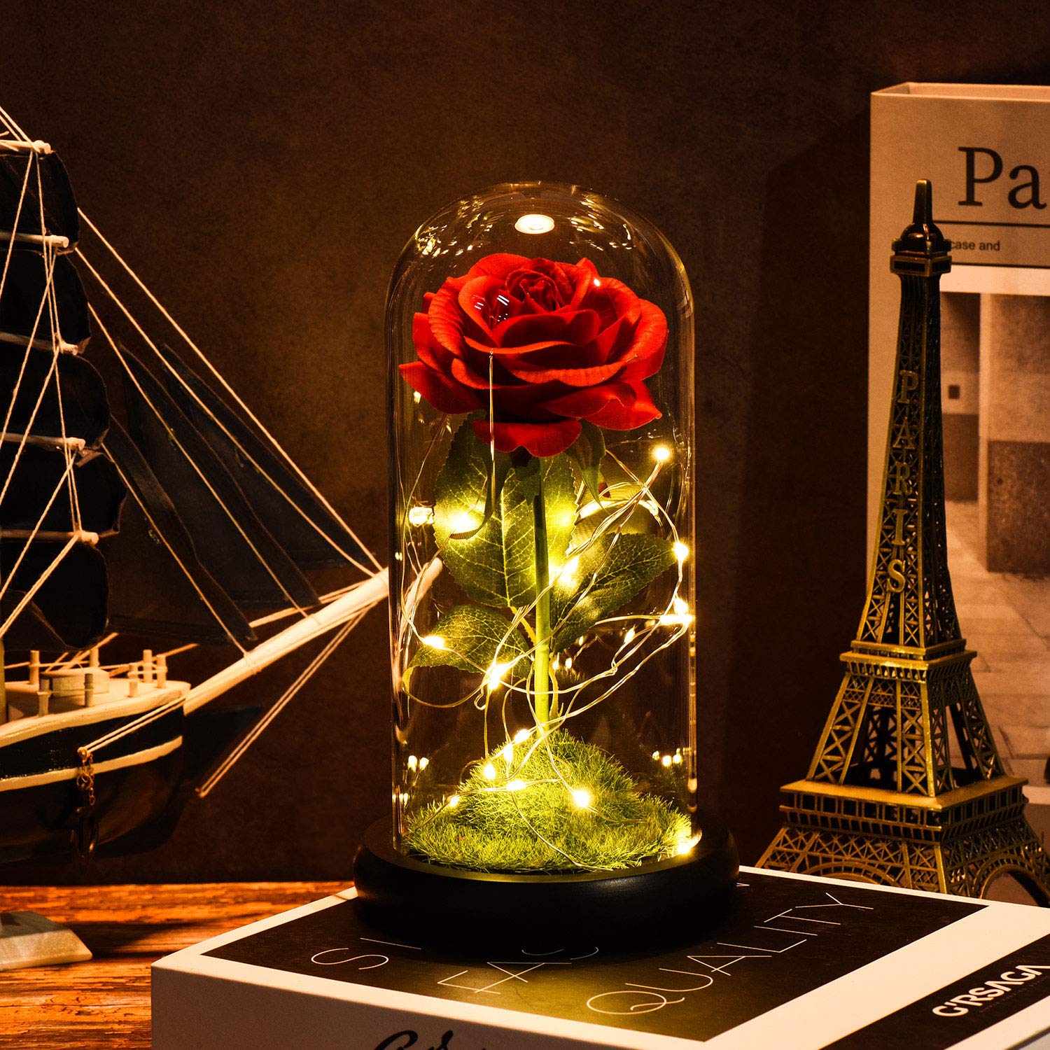 Zimer Enchanted rose, Red Rose gold lamp green grass in a Glass Dome with String LED Lights, table lamp Rose Gift for Mothers Day, Valentine\'s Day, Wedding, Birthday,Anniversary