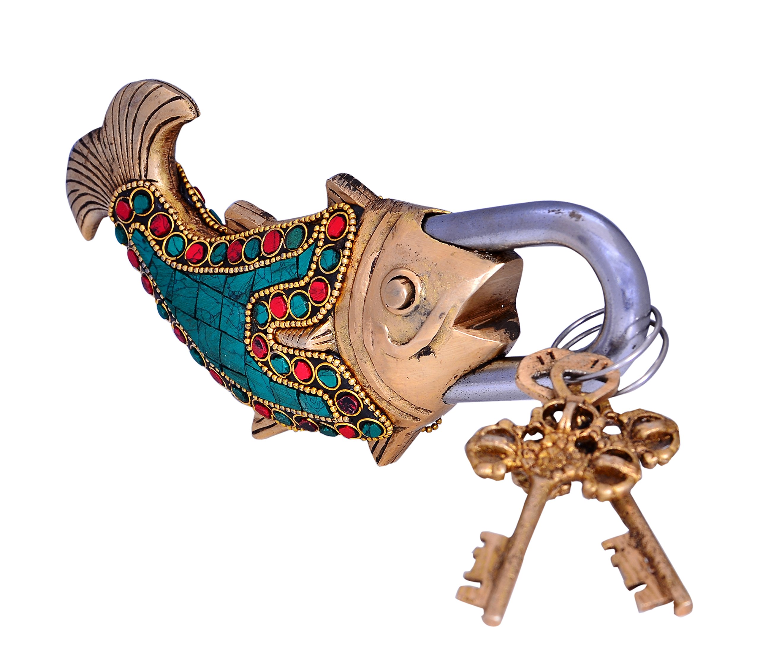 Purpledip Fish Shaped Brass Lock Padlock: Handmade Antique Design with Colorful Gemstone Work; Unique Collectible Combination of Style & Security (10662)