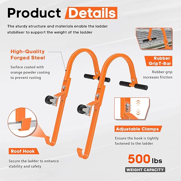 VONLX 2 PACK LADDER ROOF HOOKS, HEAVY DUTY STEEL EXTENSION LADDER ROOF STABILIZER WITH WHEELS FOR ROOF EXTENSION WITH RUBBER GRIP T-BAR, 500 LB LOAD CAPACITY, EASY TO ACCESS STEEP ROOFS