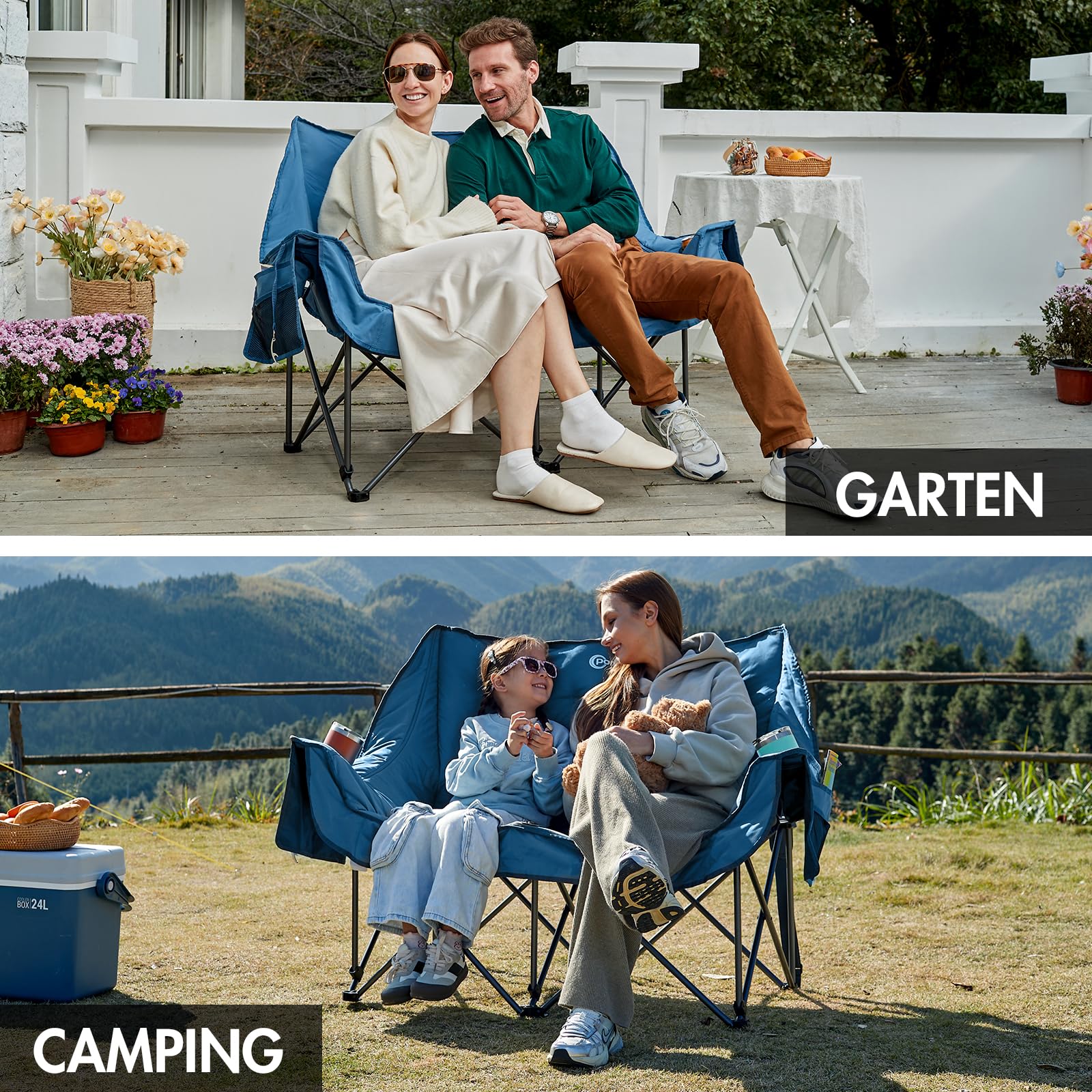 Portal Campingstuhl faltbar Campingsofa für 2 Personen 272kg belastbar Super Weich mit Lagerungstasche Doppel Klappstuhl Faltsofa Dick Gepolstert Hohe Rückenlehne für Outdoor Garten Balkon 6