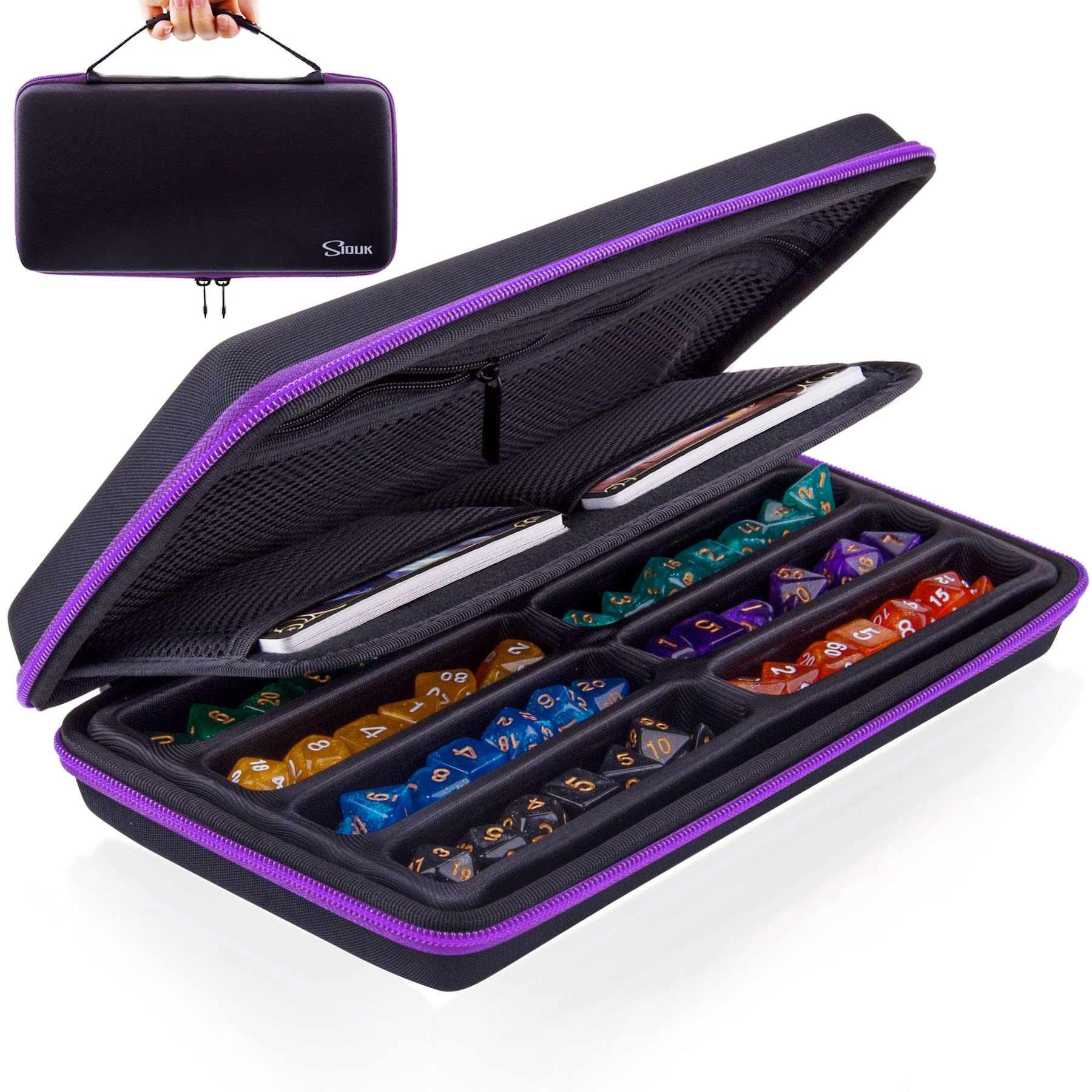 SIQUK Dice Storage Case Organiser Holder with Removable Slotted Tray and Handle for Dungeons & Dragons and Other RPG Table Games, Holds Up to 8 Sets of Dice, Violet